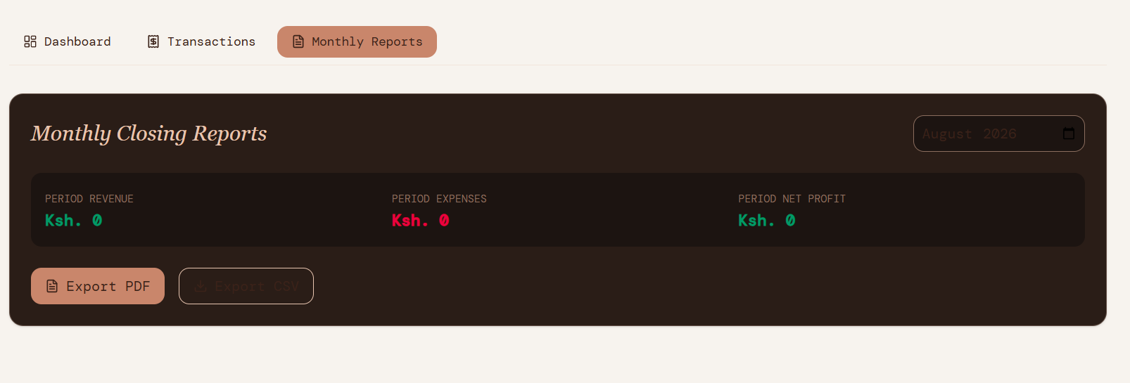 Monthly closing reports with export to PDF/CSV